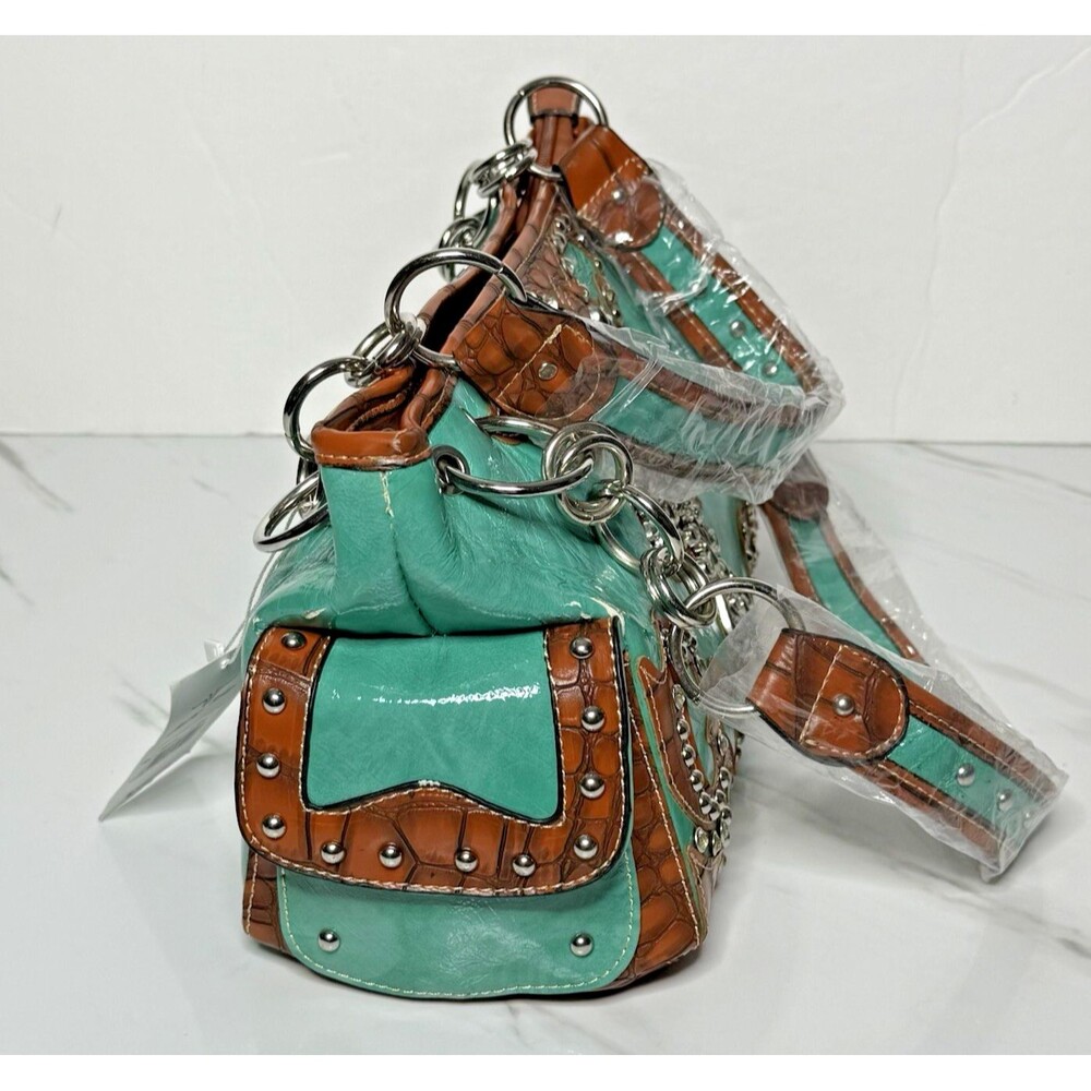 Western Turquoise Rhinestone Cross Handbag Tooled Brown Faux Leather Chain Strap - Picture 9 of 14